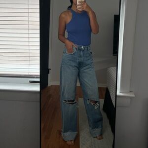 Zara Light Blue Distressed Wide Leg Jeans